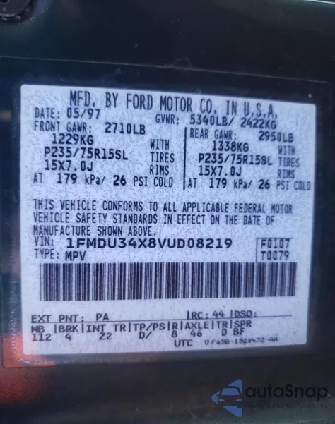 1997 Ford Explorer из США, поврежденный, VIN 1FMDU34X8VUD08219